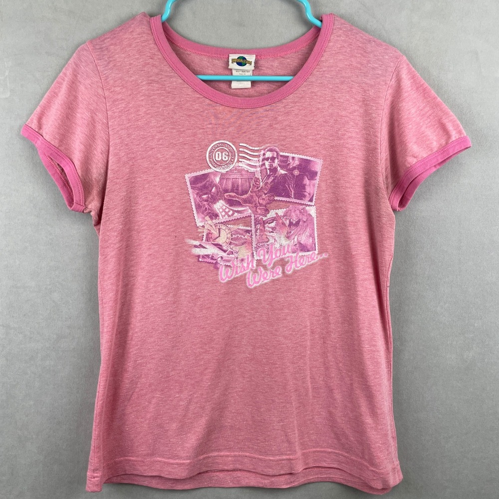 VTG Y2K Universal Studios 2006 Pink Ringer Tee Shirt Jurassic Park Terminator XL